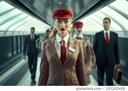Group of flight attendant walking on airport gate or corridor. Picturesque Group of flight attendant walking on airport gate or corridor. Picturesque 105202488