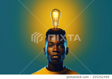 bright light bulb floating above of young african man's head. generative ai AIG32 105202489