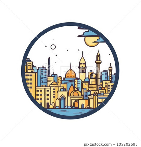 A circle shape frame with center space of Cairo of Egypt city skyline in simple doodle color cartoon style. Generative AI AIG32 105202693