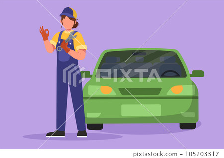 Graphic flat design drawing female mechanic standing in front of car with okay gesture and holding wrench to perform maintenance on vehicle engine or transportation. Cartoon style vector illustration Graphic flat design drawing female mechanic standing in front of car with okay gesture and holding wrench to perform maintenance on vehicle engine or transportation. Cartoon style vector illustration 105203317