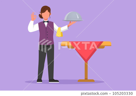 Graphic flat design drawing beauty waitress stood up with okay gesture and brought tray of delicious dishes to offer to restaurant guests. Waitress serving in cafe. Cartoon style vector illustration 105203330