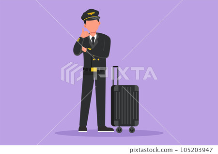 Graphic flat design drawing pilot standing with call me gesture and complete uniform, ready to riding or flying airplane for bringing passengers to their destination. Cartoon style vector illustration 105203947