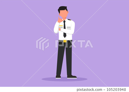 Cartoon flat style drawing of flight attendant or steward standing in uniform with call me gesture prepare at airport for flying and serve passengers to destination. Graphic design vector illustration 105203948