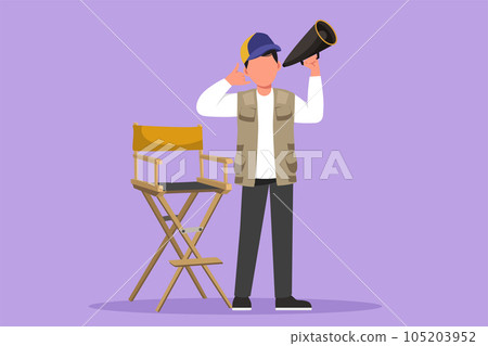 Character flat drawing male film director stands and holding megaphone with call me gesture while prepare camera crew for shooting comedy series. Creative industry. Cartoon design vector illustration 105203952