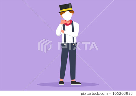 Graphic flat design drawing mime artist stands with call me gesture and white make up face makes audience laugh with silent comedy. Entertainment worker on working. Cartoon style vector illustration Graphic flat design drawing mime artist stands with call me gesture and white make up face makes audience laugh with silent comedy. Entertainment worker on working. Cartoon style vector illustration 105203953