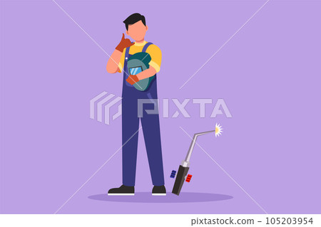 Character flat drawing of male welder standing with call me gesture and holding face shield ready to work in his iron workshop. Manufacturing worker with metalwork. Cartoon design vector illustration Character flat drawing of male welder standing with call me gesture and holding face shield ready to work in his iron workshop. Manufacturing worker with metalwork. Cartoon design vector illustration 105203954