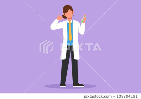 Cartoon flat style drawing female scientist standing with call me gesture and holding measuring tube filled with chemical liquid. Research about vaccine or pandemic. Graphic design vector illustration 105204181