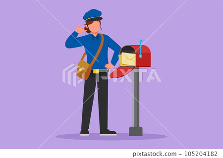 Graphic flat design drawing active postwoman with call me gesture standing in hat, bag, uniform, holding an envelope. Working hard to delivering mail to home address. Cartoon style vector illustration Graphic flat design drawing active postwoman with call me gesture standing in hat, bag, uniform, holding an envelope. Working hard to delivering mail to home address. Cartoon style vector illustration 105204182
