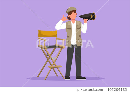 Character flat drawing female film director standing holding megaphone with call me gesture while prepare camera crew for shooting comedy series. Creative industry. Cartoon design vector illustration Character flat drawing female film director standing holding megaphone with call me gesture while prepare camera crew for shooting comedy series. Creative industry. Cartoon design vector illustration 105204183