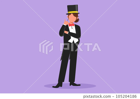 Character flat drawing beautiful female magician standing in suit with call me gesture and performing tricks with stick or magic wand at circus show entertainment. Cartoon design vector illustration 105204186