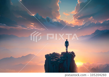 Copy space of man on top of mountain and sunset sky abstract background. Freedom and travel Copy space of man on top of mountain and sunset sky abstract background. Freedom and travel 105204260