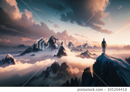 Magical Fantasy Adventre Composite of Man Hiking on top of a Mountain Peak. Colorful Sunset Sky Art Magical Fantasy Adventre Composite of Man Hiking on top of a Mountain Peak. Colorful Sunset Sky Art 105204418