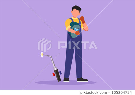 Character flat drawing male welder standing with celebrate gesture and holding face shield ready to work in his iron workshop. Manufacturing worker with metalwork. Cartoon design vector illustration Character flat drawing male welder standing with celebrate gesture and holding face shield ready to work in his iron workshop. Manufacturing worker with metalwork. Cartoon design vector illustration 105204734