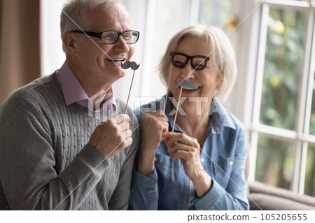 Happy seniors couple holding party set having fun at home 105205655