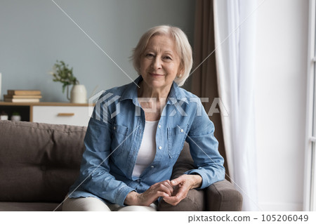 Calm retired elderly woman resting seated on comfortable couch 105206049