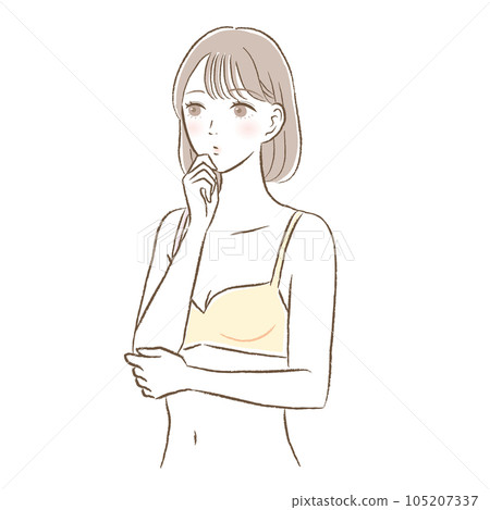 Illustration of a young woman with small breasts doing a thinking pose 105207337