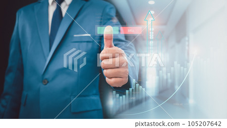 Stock market, Business growth, progress or success concept. Businessman or trader is showing a growing virtual hologram stock, invest in trading. Stock market, Business growth, progress or success concept. Businessman or trader is showing a growing virtual hologram stock, invest in trading. 105207642