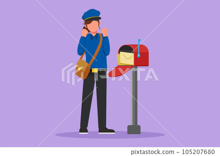 Cartoon flat style drawing cute postwoman with celebrate gesture standing in hat, bag, uniform, holding an envelope. Working hard to delivering mail to home address. Graphic design vector illustration Cartoon flat style drawing cute postwoman with celebrate gesture standing in hat, bag, uniform, holding an envelope. Working hard to delivering mail to home address. Graphic design vector illustration 105207680