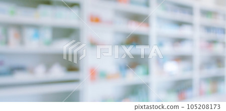 pharmacy drugstore shelves interior blurred abstract background 105208173