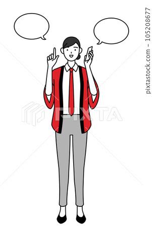 A saleswoman wearing a red happi coat pointing while making a phone call 105208677