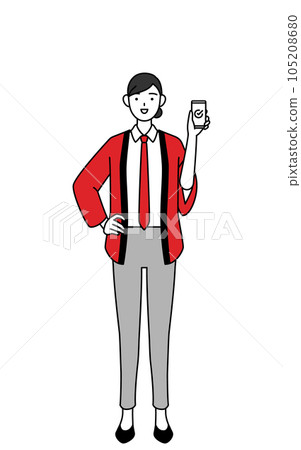 A saleswoman wearing a red happi coat using a smartphone at work A saleswoman wearing a red happi coat using a smartphone at work 105208680