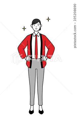 A saleswoman wearing a red happi coat with her hands on her hips A saleswoman wearing a red happi coat with her hands on her hips 105208690