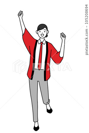 A saleswoman wearing a red happi coat jumping with a smile 105208694