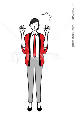A saleswoman wearing a red happi coat raising her hand in surprise A saleswoman wearing a red happi coat raising her hand in surprise 105208708