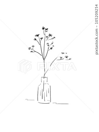 花瓶中樹枝的黑白手繪線畫插圖 花瓶中樹枝的黑白手繪線畫插圖 105209254