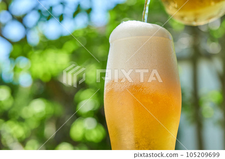 Draft beer poured into a beer glass 105209699