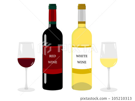 Red and white wine bottles and glasses 105210313