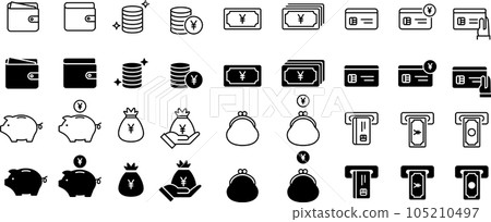 Money and wallet line drawing and silhouette icon set (circle) Money and wallet line drawing and silhouette icon set (circle) 105210497
