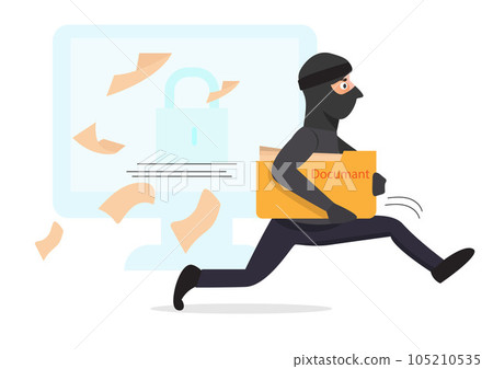 Tiny hacker running away from computer with stolen files. Monitor with unlocked data on screen, criminal holding folder with documents vector illustration. Cybersecurity, safety, internet concept Tiny hacker running away from computer with stolen files. Monitor with unlocked data on screen, criminal holding folder with documents vector illustration. Cybersecurity, safety, internet concept 105210535