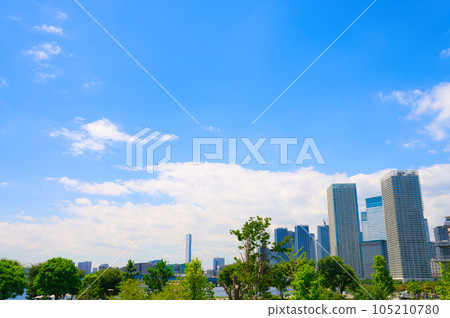 [Tokyo] Urban scenery of Toyosu Park and Harumi in the blue sky in August 105210780