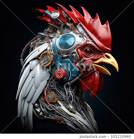 A rooster head that is a futuristic machine of the future world. Farm animals. Illustration, Generative AI. 105210960