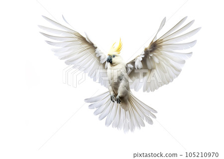Image of a sulphur-crested cockatoo with spread wings in flight on a white background. Wildlife. Bird. Illustration, Generative AI. 105210970