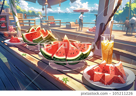 夏季海灘上的西瓜店 105211226