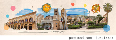 The contrmporary art collage or design about historic center of Monreale, near Palermo 105213383