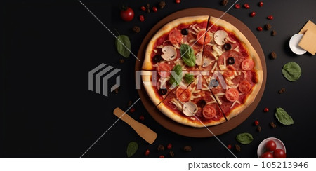 Pizza with ingredients top view. Pizza with ingredients top view. 105213946