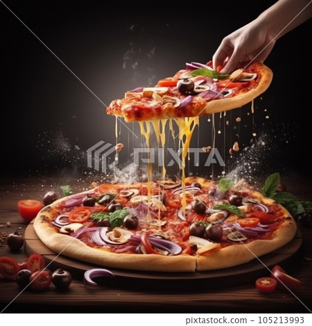 Pizza with spreadable cheese. Presentable view of pizza for poster 105213993