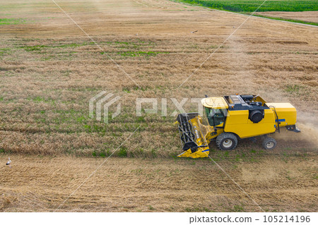 Aerial drone view, combine harvesters Aerial drone view, combine harvesters 105214196