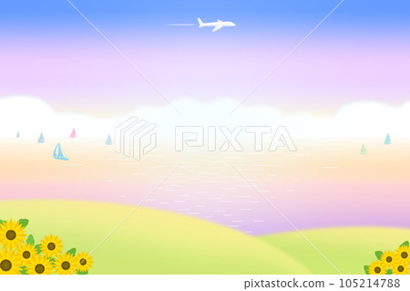 Background illustration of sunflowers blooming on green hills, boats and planes floating in the sea at sunset or sunrise 105214788