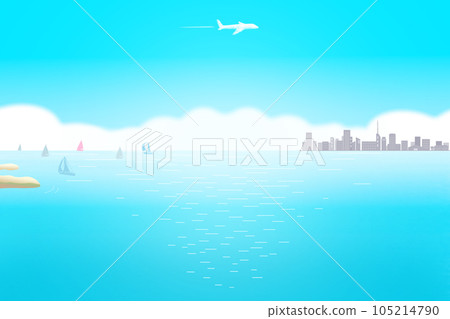 A background illustration of a city area with ships, planes, and buildings floating on a sunny sea 105214790