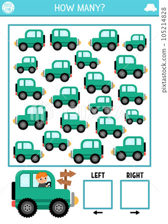 Transportation logic game with right and left concept for kids. I spy searching, counting activity with car. Transport printable space orientation worksheet for preschool children. Simple spotting 105214828