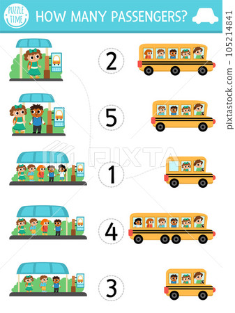 Match the numbers transportation game with school bus. City transport math activity for preschool kids. Educational counting worksheet with cute bus station, pupils. How many passengers Match the numbers transportation game with school bus. City transport math activity for preschool kids. Educational counting worksheet with cute bus station, pupils. How many passengers 105214841