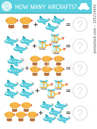 How many aircrafts game. Air transportation math addition activity for preschool children. Simple transport printable counting worksheet for kids with cute zeppelin, plane, helicopter How many aircrafts game. Air transportation math addition activity for preschool children. Simple transport printable counting worksheet for kids with cute zeppelin, plane, helicopter 105214842