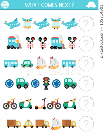 What comes next. Transportation matching activity for preschool children with plane, car, scooter, train, boat, bus. Air, water, land transport logical worksheet. Continue the row game 105214903