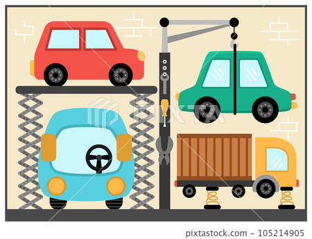 Car service vector illustration for kids. Vehicle repair scene with cute bus and truck. Workshop with transport and instruments, tools. Garage with transportation standing on lift jacks Car service vector illustration for kids. Vehicle repair scene with cute bus and truck. Workshop with transport and instruments, tools. Garage with transportation standing on lift jacks 105214905
