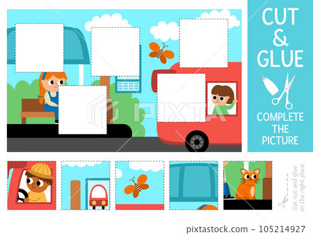 Vector transportation cut and glue activity. Crafting game with cute city landscape, girl waiting on bus stop. Fun printable worksheet for kids. Find the right piece of the puzzle. Complete the 105214927