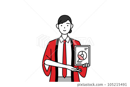 Image of DX, a saleswoman wearing a red happi coat using digital technology to improve business 105215491